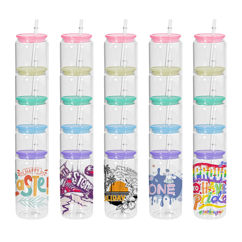 Free Shipping Local Stock USA Warehouse 16oz Sublimation clear Glass Can with Colored Plastic Lids 5 Colors 25pcs/ctn