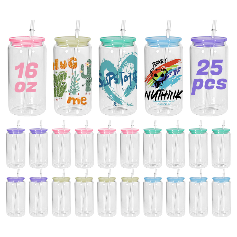 Free Shipping Local Stock USA Warehouse 16oz Sublimation clear Glass Can with Colored Plastic Lids 5 Colors 25pcs/ctn