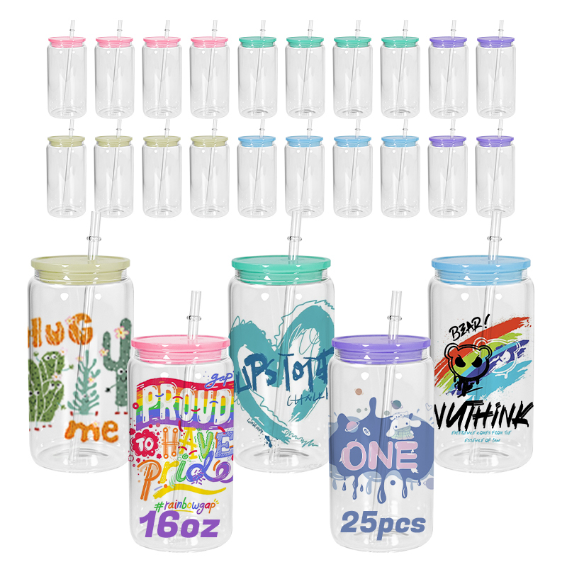 Free Shipping Local Stock USA Warehouse 16oz Sublimation clear Glass Can with Colored Plastic Lids 5 Colors 25pcs/ctn