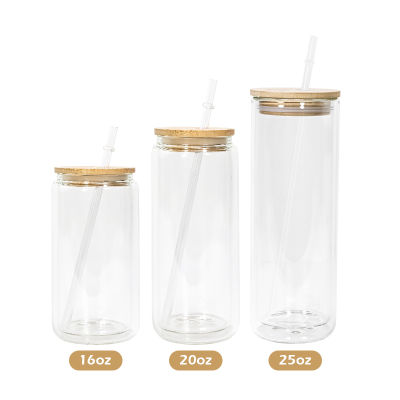 Pre Drilled Snow Globe Glass Cans 12oz 16oz 20oz 25oz Sublimation Double Wall Glass Cans With PP Lids and Straw