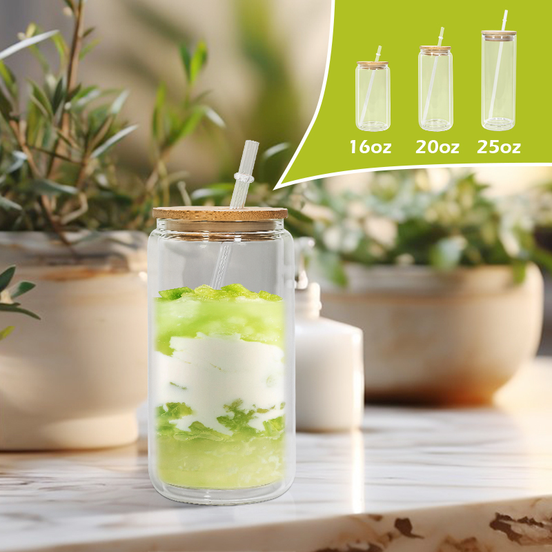 Pre Drilled Snow Globe Glass Cans 12oz 16oz 20oz 25oz Sublimation Double Wall Glass Cans With PP Lids and Straw
