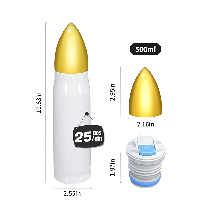 US Warehouse RTS Bullet Tumbler 25PCS/CTN 500ml Stainless Steel Sublimation Blanks Bullet Tumbler with Screw-on Gold Lid