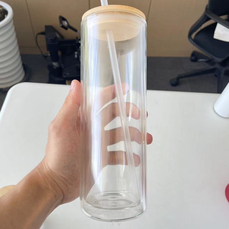 RTS Stocked Pre-drilled 25oz Snow Globe Glass Sublimation Straight Tumblers Double Wall Cups With Wooden Lid 25pcs/ctn
