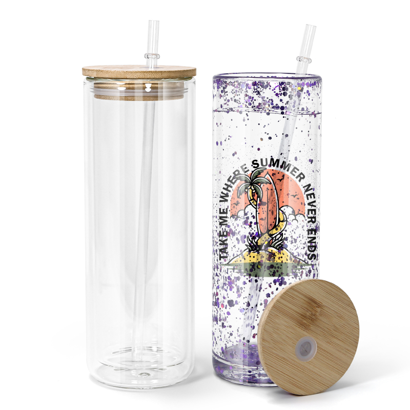 RTS Stocked Pre-drilled 25oz Snow Globe Glass Sublimation Straight Tumblers Double Wall Cups With Wooden Lid 25pcs/ctn