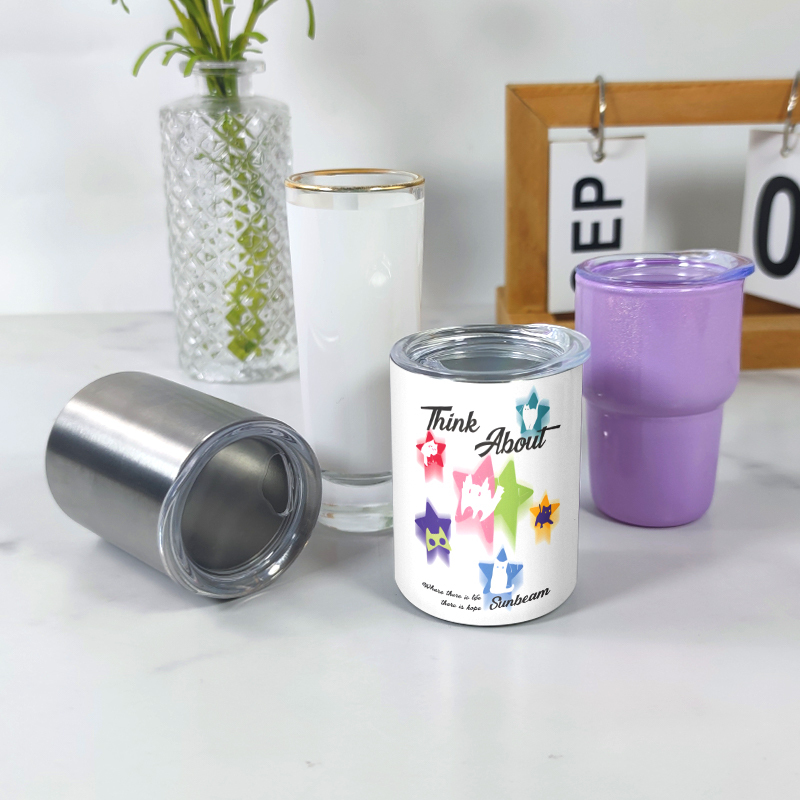 China RTS 3oz Shot Glass Tumbler White Sublimation Blanks Mini Wine Mug Stainless Steel Straight Cup with Metal Straw Clear Lid