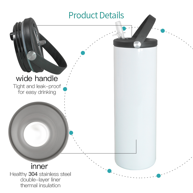 20oz White Straight Sublimation Tumblers with Straw Lid and Handle Insulated Skinny Double Wall Mug Stainless Steel Mugs