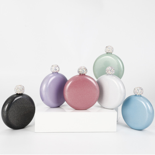 Whiskey 5oz Glitter Hip Flask Crystal Lid Stainless Steel 304 Portable Mini Rainbow Round Double Wall Small Liquor Bottle Flasks
