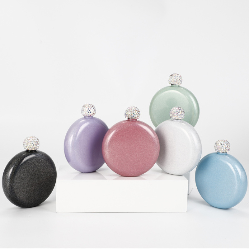 Whiskey 5oz Glitter Hip Flask Crystal Lid Stainless Steel 304 Portable Mini Rainbow Round Double Wall Small Liquor Bottle Flasks