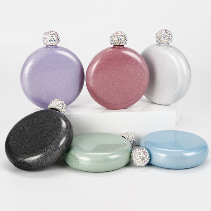 Whiskey 5oz Glitter Hip Flask Crystal Lid Stainless Steel 304 Portable Mini Rainbow Round Double Wall Small Liquor Bottle Flasks