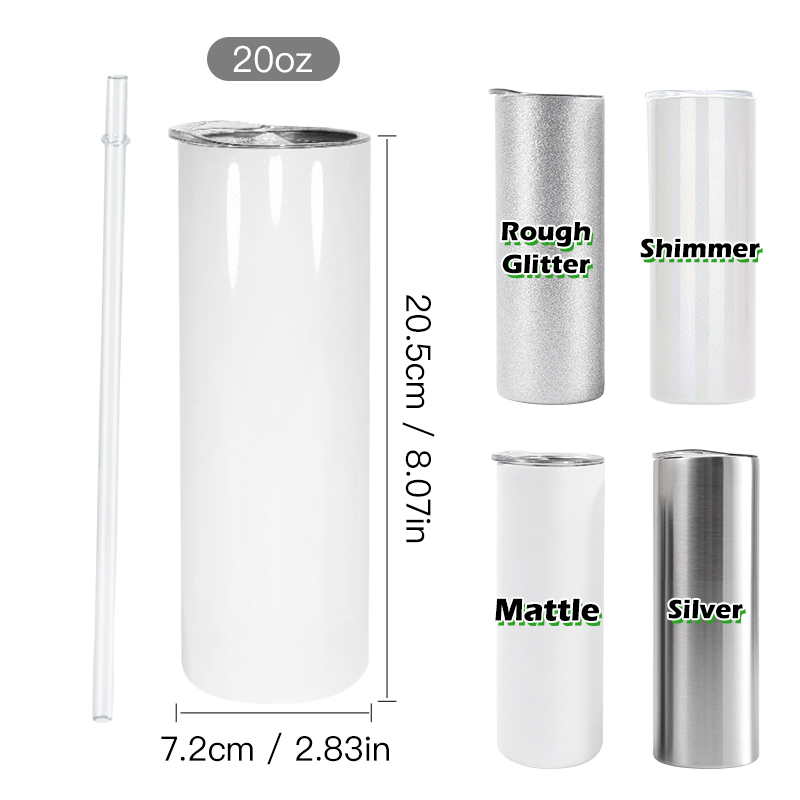 US Warehouse Stocked Stainless Steel Sublimation 20oz Sublimation Straight Glossy Matter Glitter Silver Tumbler with Straw