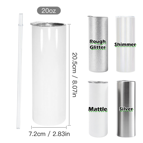 US Warehouse Stocked Stainless Steel Sublimation 20oz Sublimation Straight Glossy Matter Glitter Silver Tumbler with Straw