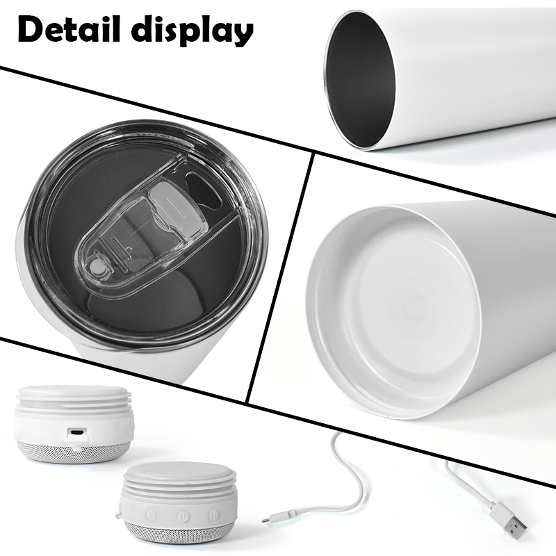 Custom Stainless Steel Insulated Tumbler Cups Outdoor Travel Straight 20oz Powder Coated Tumbler with Speaker