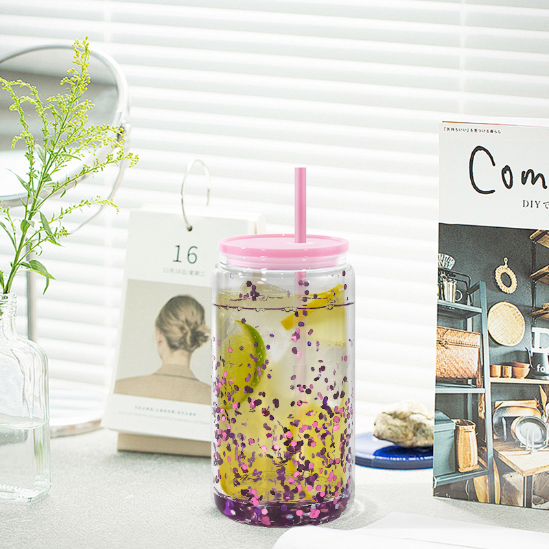 Custom Logo 16oz Mason Jar Snow Globe UV DTF Pre Drilled Hole Plug Double Wall Acrylic Tumbler with Colored Lids Plastic Straw