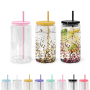 Custom Logo 16oz Mason Jar Snow Globe UV DTF Pre Drilled Hole Plug Double Wall Acrylic Tumbler with Colored Lids Plastic Straw