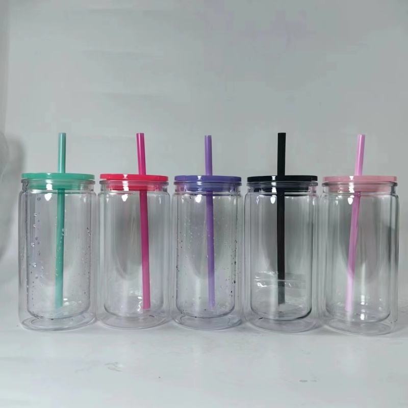 Custom Logo 16oz Mason Jar Snow Globe UV DTF Pre Drilled Hole Plug Double Wall Acrylic Tumbler with Colored Lids Plastic Straw