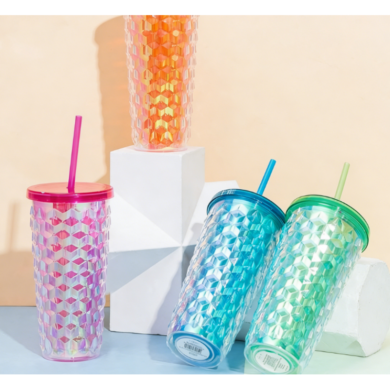 20 oz Double-layer Plastic Water Cup Custom logo Coffee Mug Milk Bottle with Straw BPA Free
