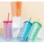 20 oz Double-layer Plastic Water Cup Custom logo Coffee Mug Milk Bottle with Straw BPA Free