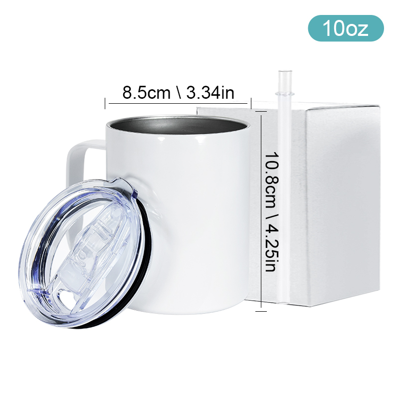 US Warehouse RTS 10oz Sublimation Cup Stainless Steel Travel Tumbler White Coffee Mugs with Handle Clear Slide Lid 25pcs/ctn