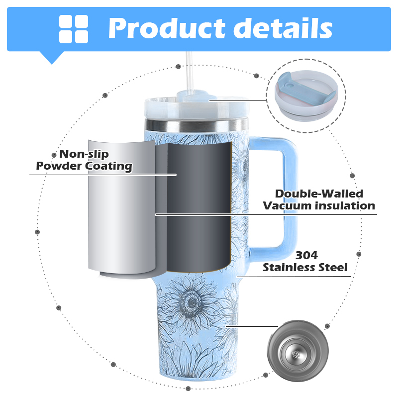 Custom 40oz H2.0 Powder Coated Double Wall Stainless Steel Tumblers Travel Mug with Laser Sunflower