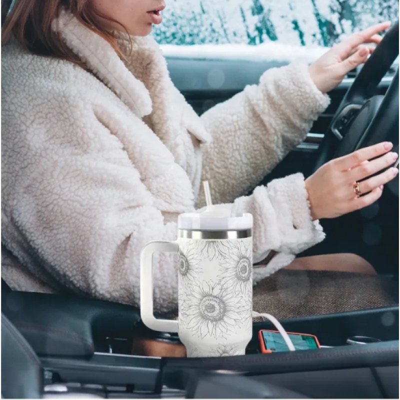 Custom 40oz H2.0 Powder Coated Double Wall Stainless Steel Tumblers Travel Mug with Laser Sunflower