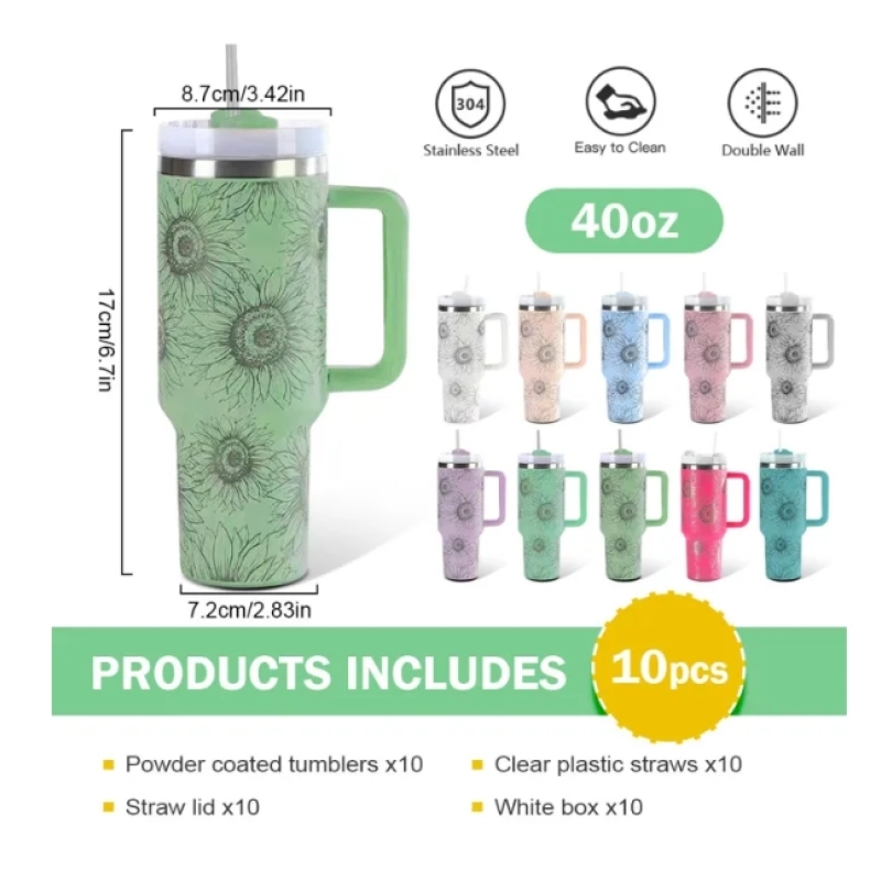 Custom 40oz H2.0 Powder Coated Double Wall Stainless Steel Tumblers Travel Mug with Laser Sunflower