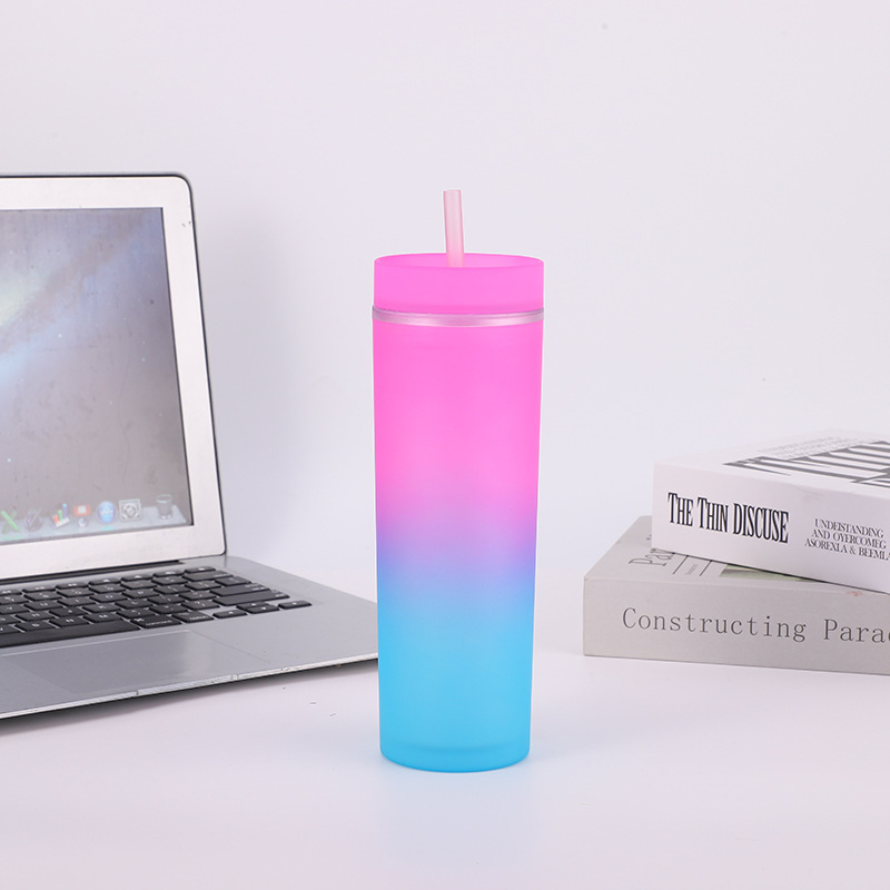 Wholesale 16oz Ombre Colored Double Wall Plastic Skinny Tumbler Reusable Cold Cups Matte Acrylic Tumbler With Lid BPA Free