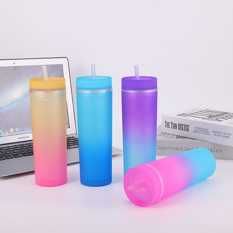 Wholesale 16oz Ombre Colored Double Wall Plastic Skinny Tumbler Reusable Cold Cups Matte Acrylic Tumbler With Lid BPA Free