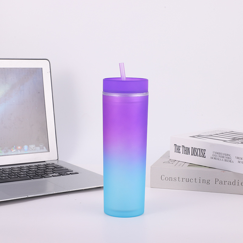 Wholesale 16oz Ombre Colored Double Wall Plastic Skinny Tumbler Reusable Cold Cups Matte Acrylic Tumbler With Lid BPA Free