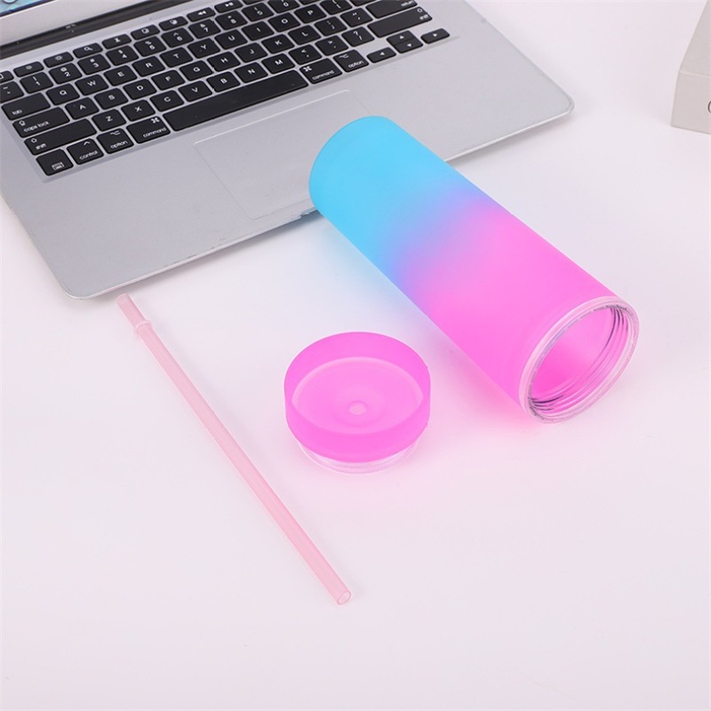 Wholesale 16oz Ombre Colored Double Wall Plastic Skinny Tumbler Reusable Cold Cups Matte Acrylic Tumbler With Lid BPA Free