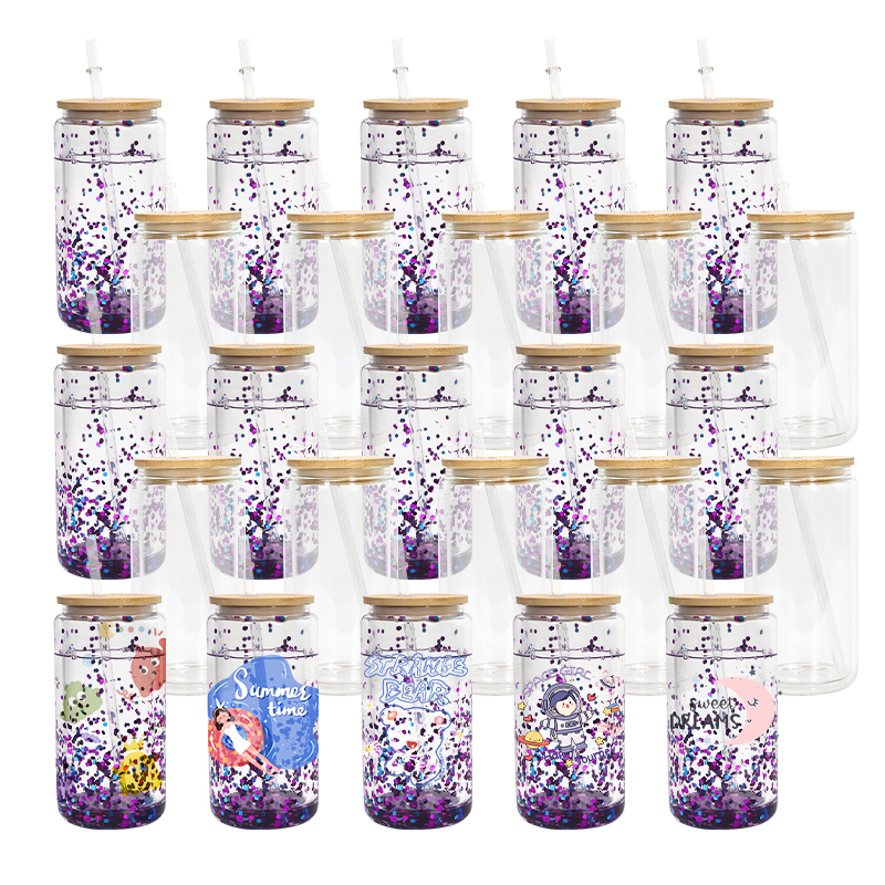 RTS USA Warehouse 16oz Sublimation Double Wall Snow Globe Glass Can Pre-drilled Hole Plug with Bamboo Lid and Plastic Straw