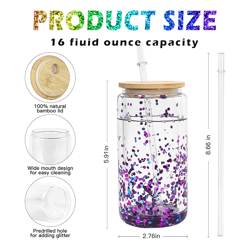 RTS USA Warehouse 16oz Sublimation Double Wall Snow Globe Glass Can Pre-drilled Hole Plug with Bamboo Lid and Plastic Straw