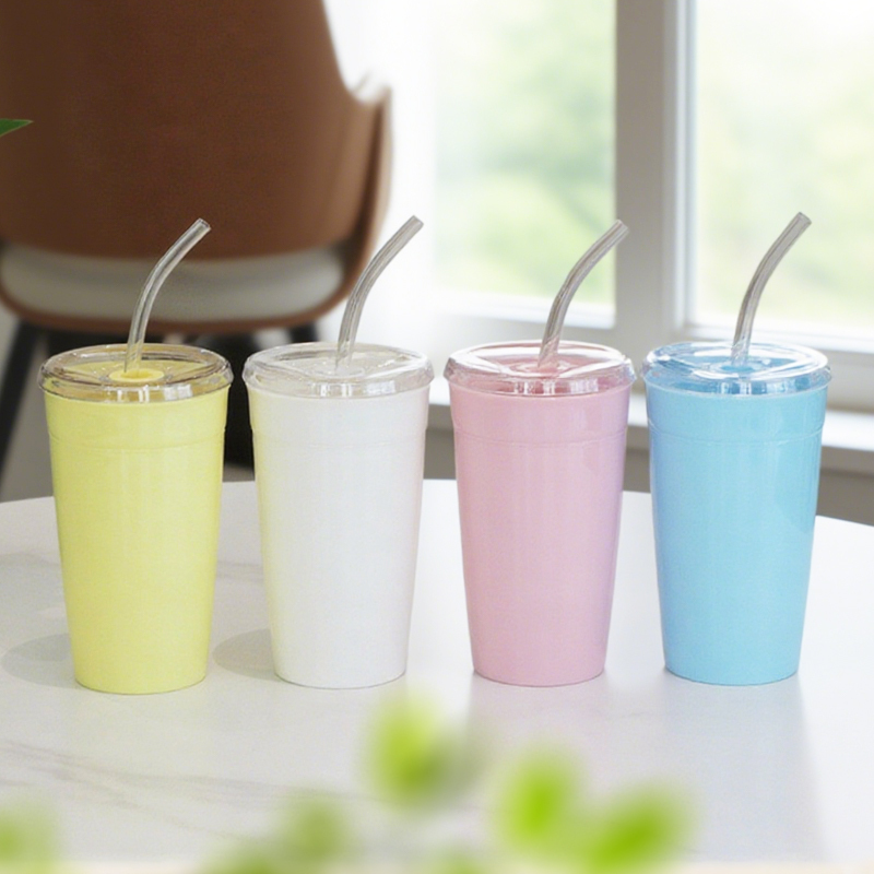 Custom Logo 450ml Plastic Cup PS Single Wall Candy Color BPA Free Mug Portable Coffee Drinking Car Travel Tumbler with Straw Lid