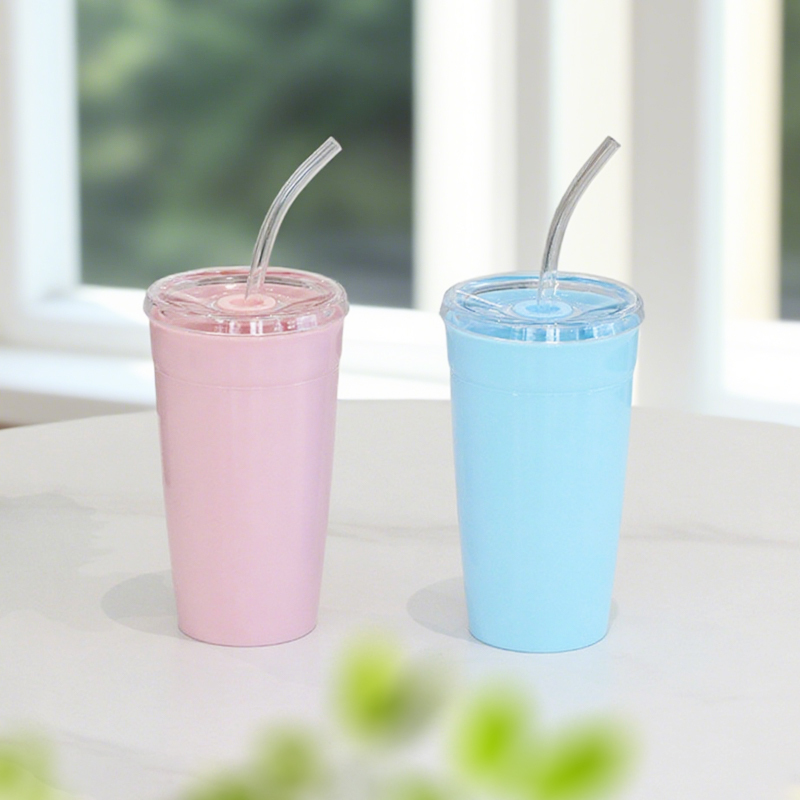 Custom Logo 450ml Plastic Cup PS Single Wall Candy Color BPA Free Mug Portable Coffee Drinking Car Travel Tumbler with Straw Lid