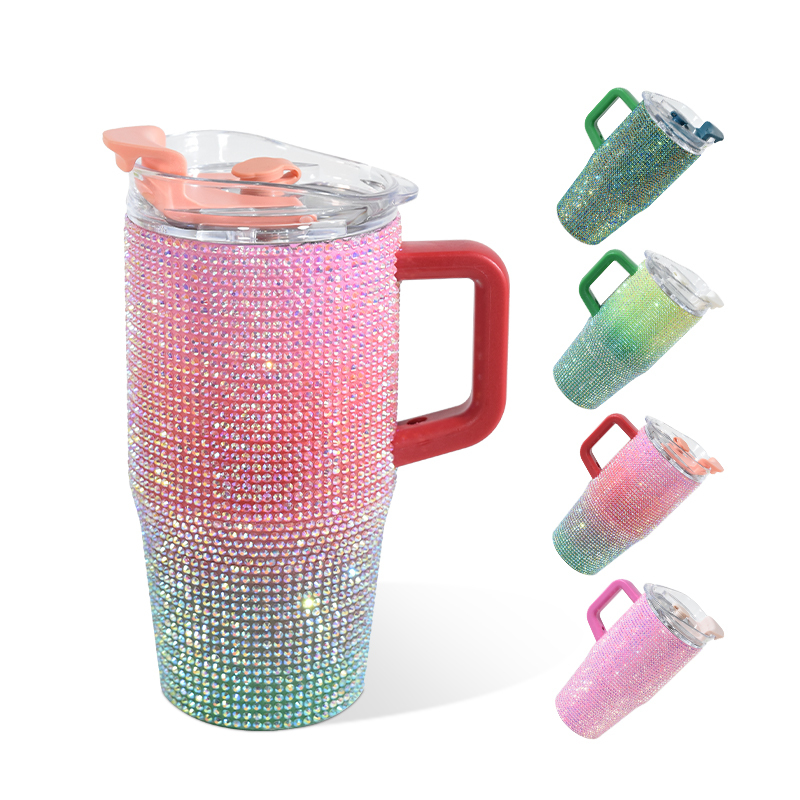 New Coming 20oz Double Wall Rhinestone Bedazzled Bling Luxury  Tumbler with Handle and Straw