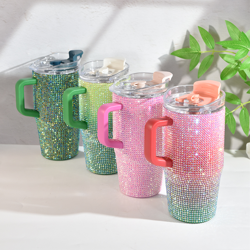 New Coming 20oz Double Wall Rhinestone Bedazzled Bling Luxury  Tumbler with Handle and Straw