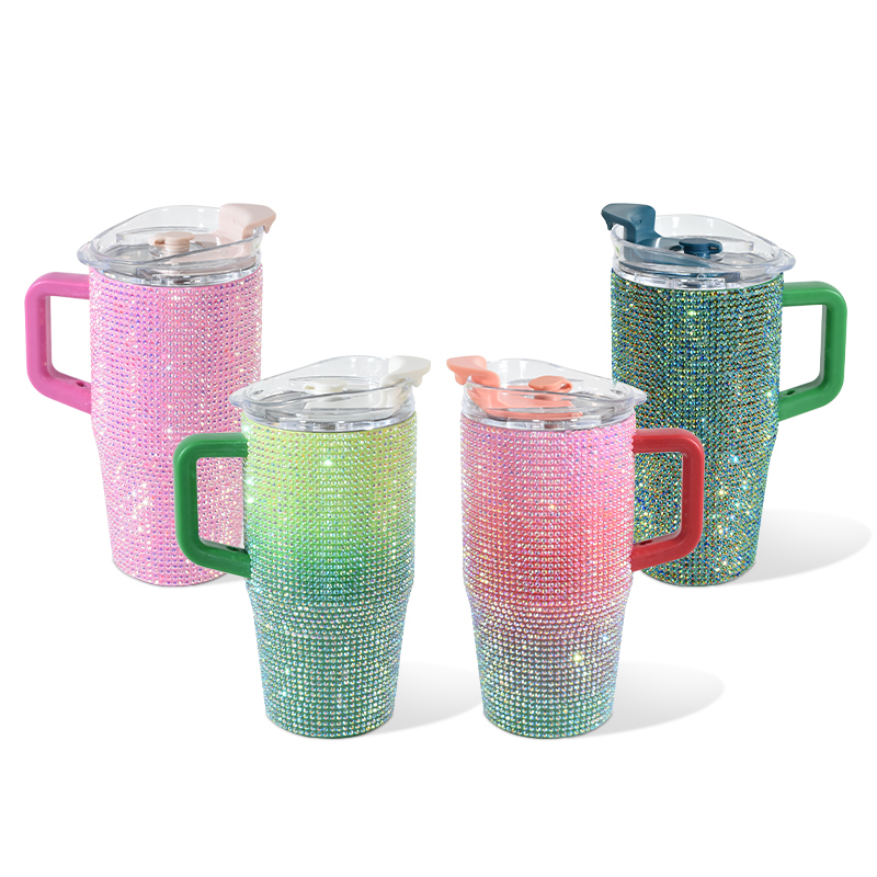 New Coming 20oz Double Wall Rhinestone Bedazzled Bling Luxury  Tumbler with Handle and Straw