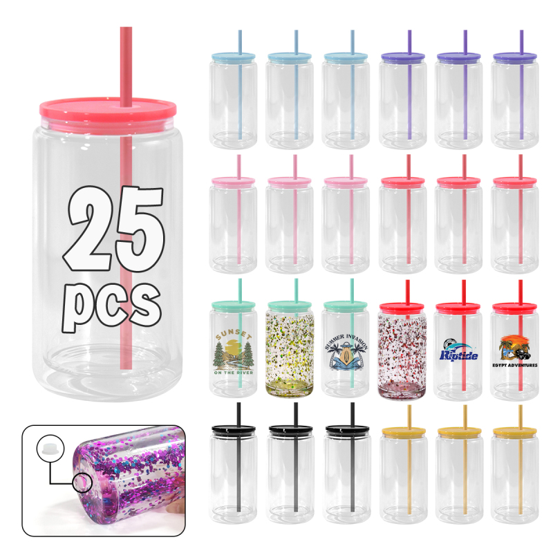 RTS US 25Pack Acrylic Snow Globe Tumbler with Pre Drilled Hole 16oz Mason Jar Mug for Snow Globe Glitter DIY Gift (Mixed Colors)