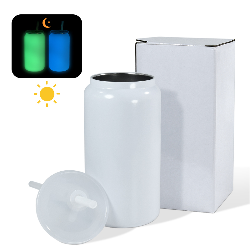 Glow in Dark 16oz Sublimation Stainless Steel Double Wall Beer Mugs Tumblers Cups Can Mason Jar White to Green/blue