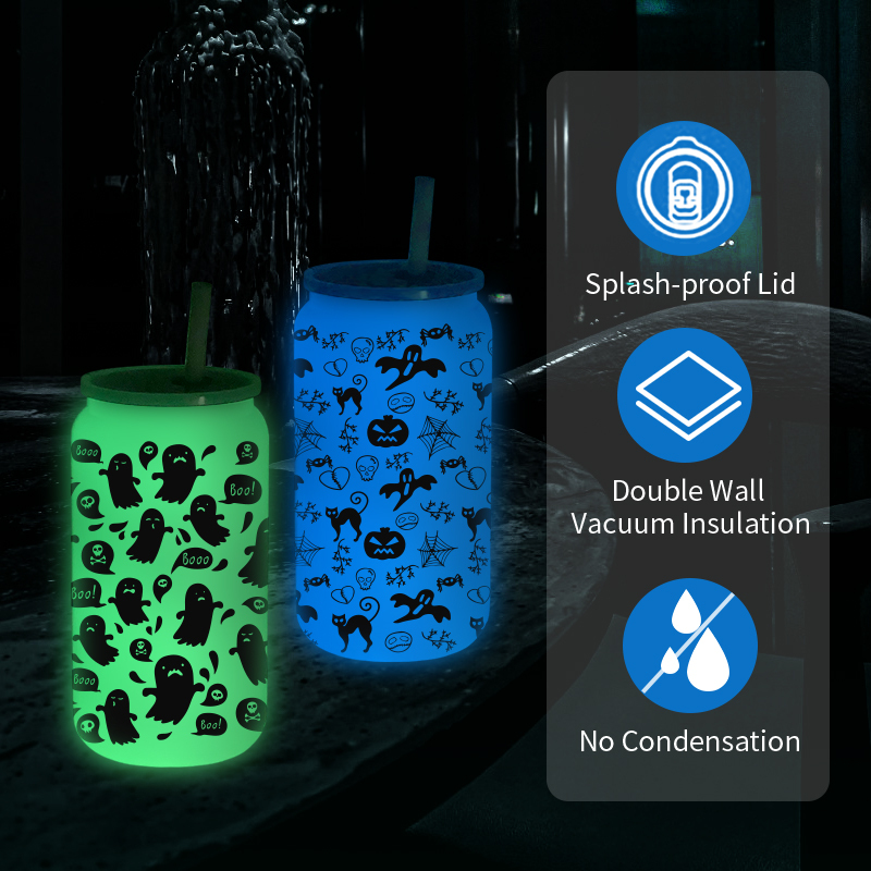Glow in Dark 16oz Sublimation Stainless Steel Double Wall Beer Mugs Tumblers Cups Can Mason Jar White to Green/blue