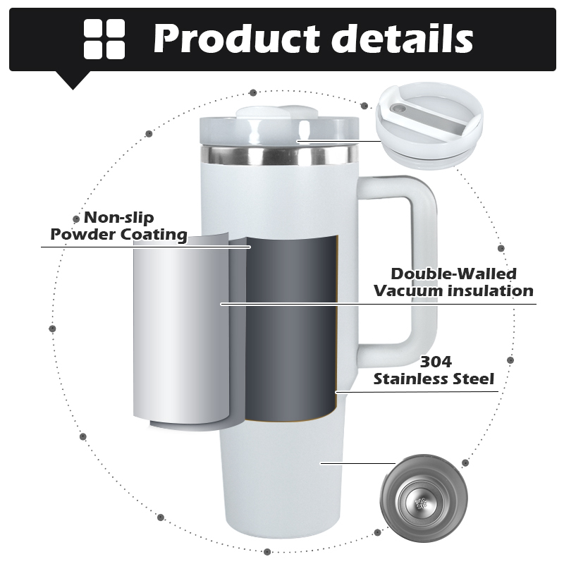 H2.0 40oz Powder Coated Travel Mug with Handle Stainless Steel 40 oz Tumbler Mix Colors Metal Cup Travel Coffee Mug