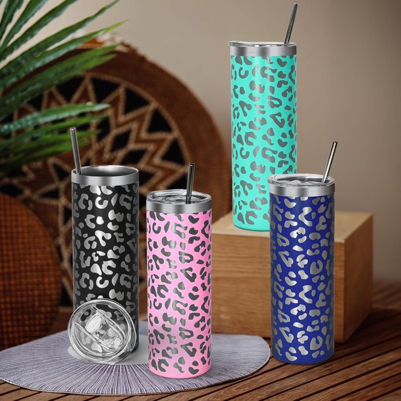 20oz Leopard Tumbler with Lid and Straw 4 Pack Stainless Steel Cheetah Tumbler Leopard Print Gift Coffee Skinny Tumbler