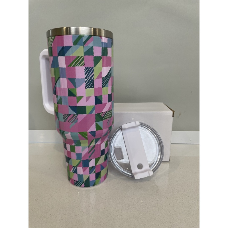 Customized Designs Logo 40oz Car Travel Tumbler Stainless Steel Mug Vacuum Thermal Printed Cup with Plastic Lid Straw Handle