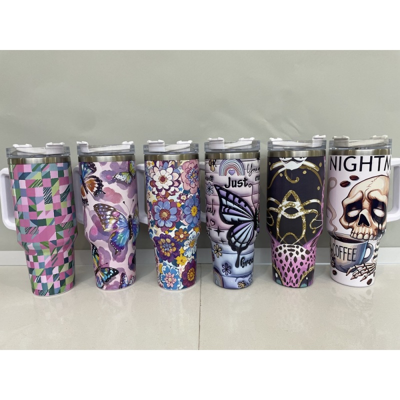 Customized Designs Logo 40oz Car Travel Tumbler Stainless Steel Mug Vacuum Thermal Printed Cup with Plastic Lid Straw Handle