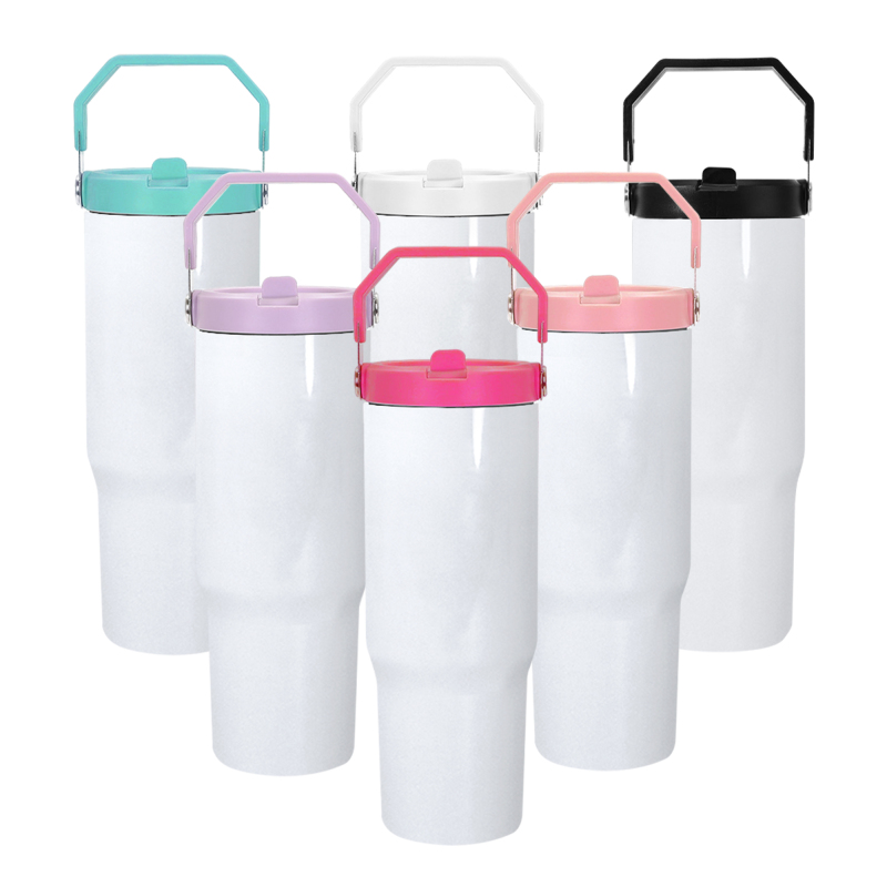 30oz Glossy Flip Straw Tumbler With Handle Insulated Stainless Steel Sublimation Blank Water Bottle for DIY Heat Press