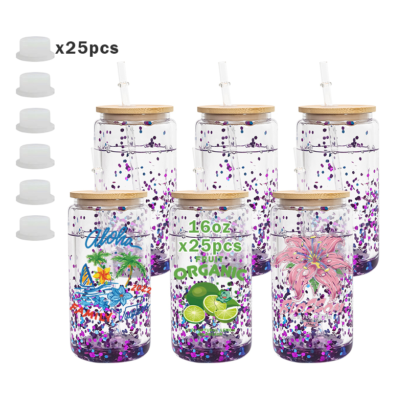 US Warehouse 16oz Tumblers Double Wall Jar Sublimation Clear Can Pred-rilled Hole Snow Globe with Bamboo Lid and Plastic Straw