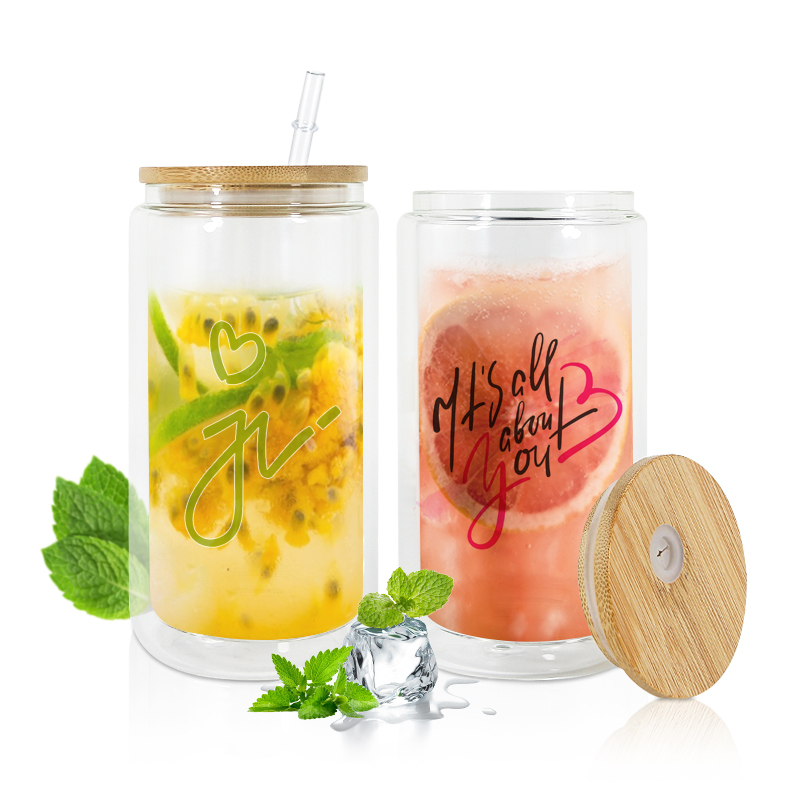 US Warehouse 16oz Tumblers Double Wall Jar Sublimation Clear Can Pred-rilled Hole Snow Globe with Bamboo Lid and Plastic Straw