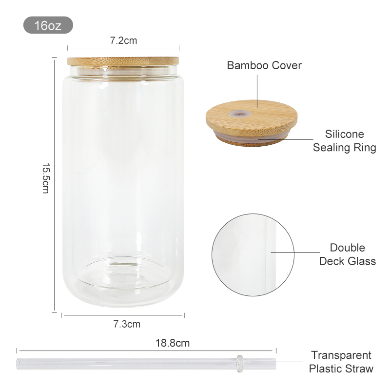 US Warehouse 16oz Tumblers Double Wall Jar Sublimation Clear Can Pred-rilled Hole Snow Globe with Bamboo Lid and Plastic Straw