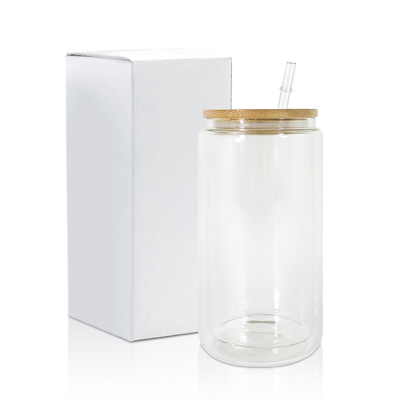 US Warehouse 16oz Tumblers Double Wall Jar Sublimation Clear Can Pred-rilled Hole Snow Globe with Bamboo Lid and Plastic Straw