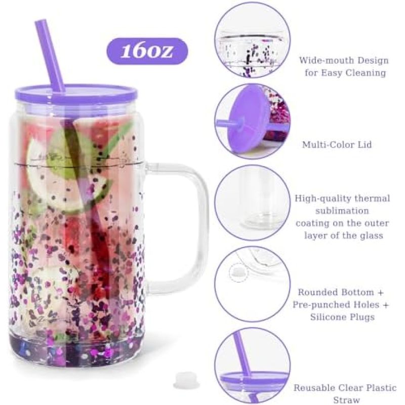RTS US 16 oz Snow Globe Tumbler Pre-Drilled Sublimation Glass Cup Double Wall Coffee Mug Lids Plastic Straw Glitter Colored DIY
