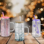 RTS US 16 oz Snow Globe Tumbler Pre-Drilled Sublimation Glass Cup Double Wall Coffee Mug Lids Plastic Straw Glitter Colored DIY